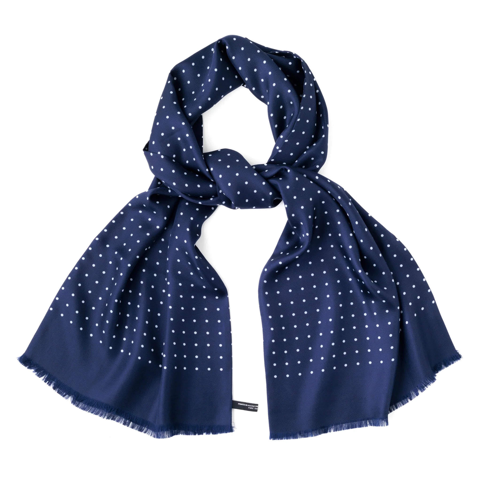 Printed Silk Scarf in Navy Polka Dot